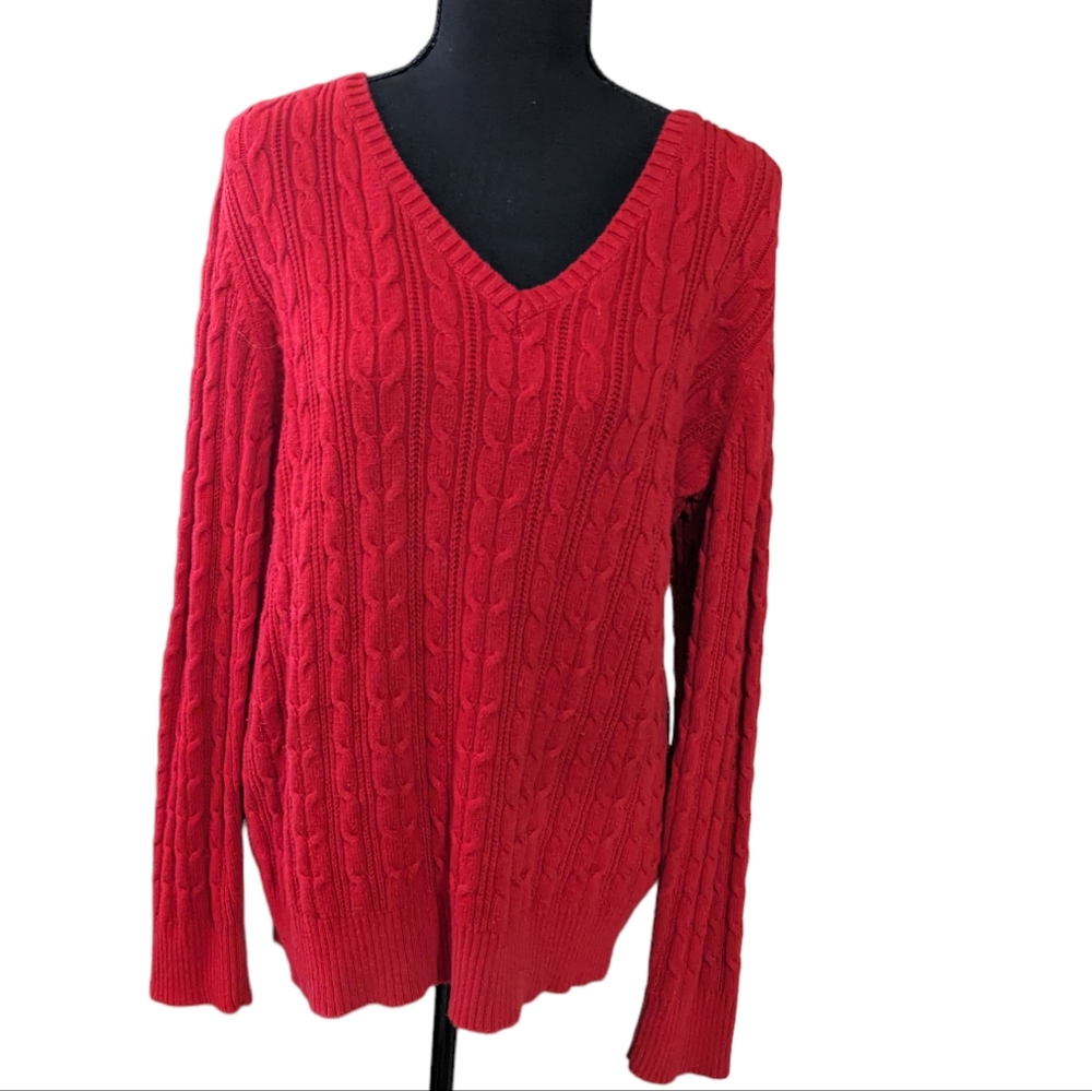 St John's Bay cable knit pullover in red XL. Cotton blend